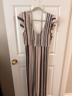 Striped V-Neck Maxi One Piece Pannts Beige and Black